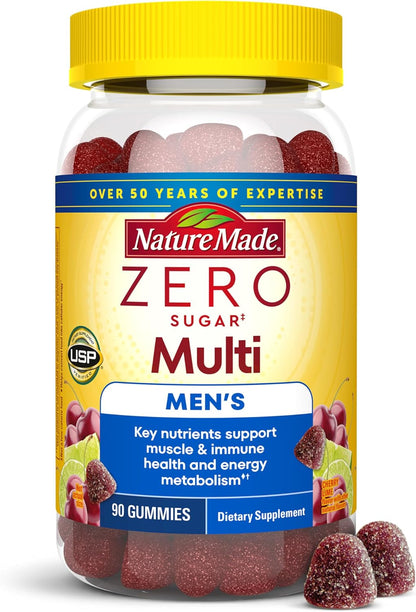 Nature Made Zero Sugar Multivitamin Men's Gummies, 90 Sugar Free Gummies | Men's Multivitamin Gummies for Muscle & Immune Support, Aspartame Free, Cherry Lime Flavor, 45 Day Supply