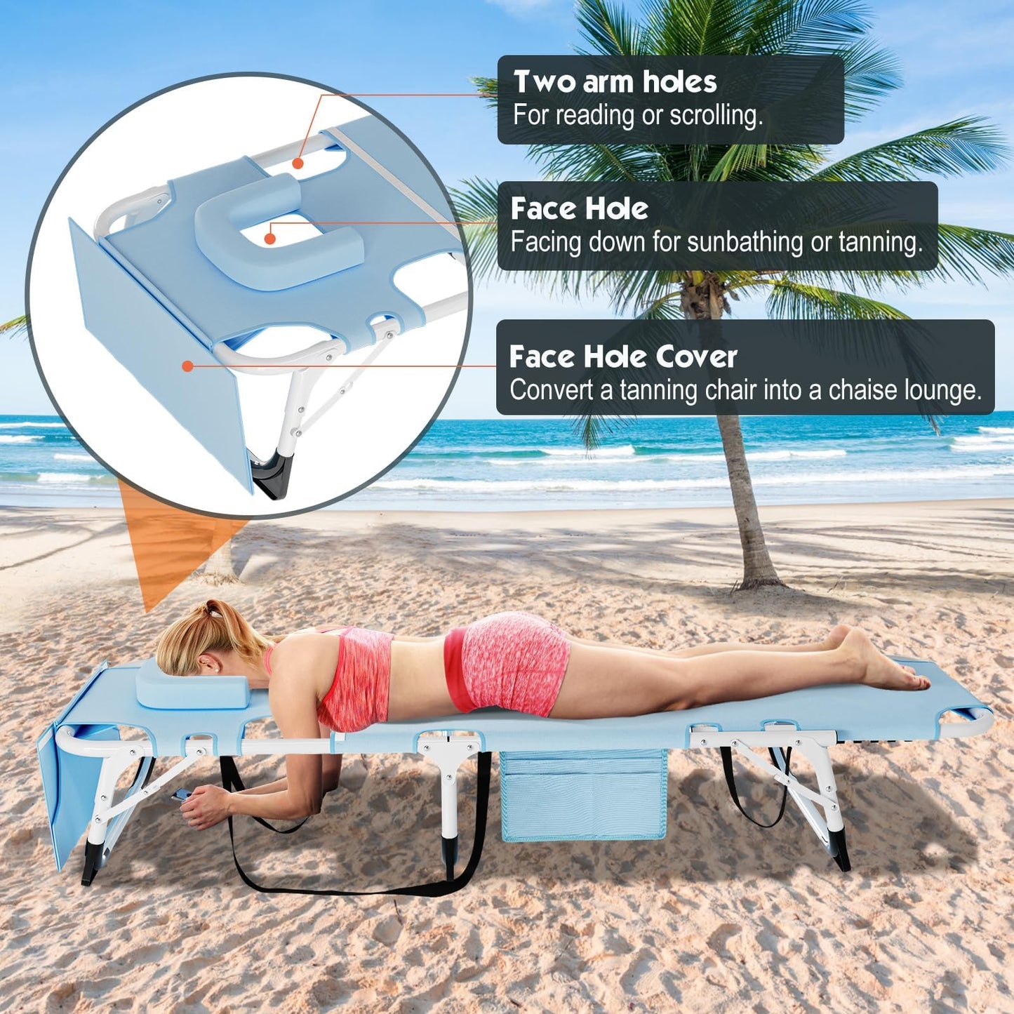MOPHOTO Folding Lounge Chair 5-Position, Folding Cot, Portable Outdoor Chaise Lounge Chair for Sun Tanning, Perfect for Pool Beach Patio Sunbathing