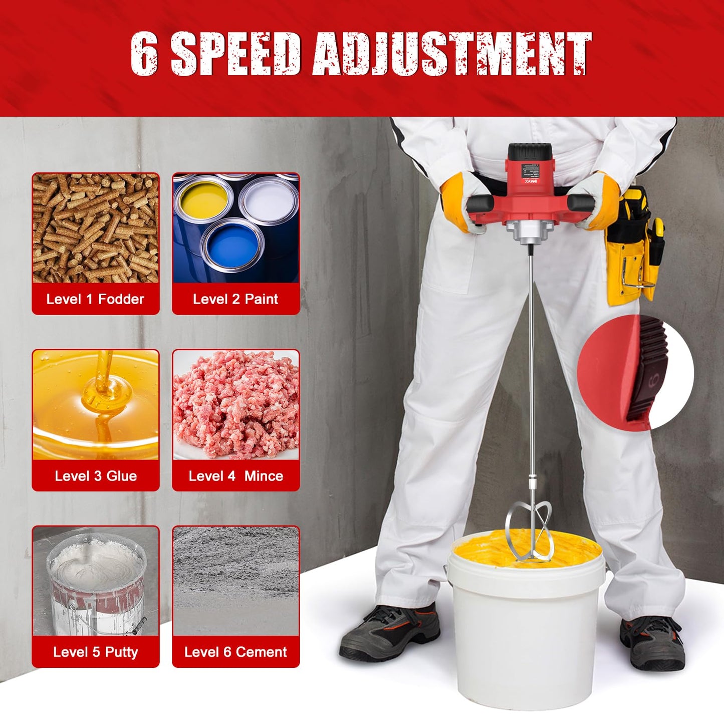IMAYCC Handheld Cement Mixer, Portable Concrete Mixer,110V 6 Speed Mixing Drill, 2100W Drill Mixer for mud,Motar,Paint, Grout, Plaster,Thinset etc.