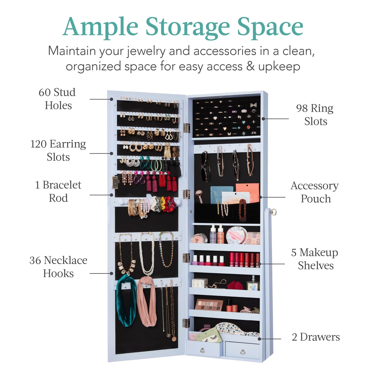 Best Choice Products Freestanding Jewelry Armoire Cabinet, Full Length Standing Mirror, Lockable Makeup Storage Organizer, w/Velvet Lining, 3 Angles, Lock, Accessory Pouch, 5 Shelves - White