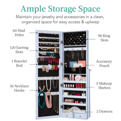 Best Choice Products Freestanding Jewelry Armoire Cabinet, Full Length Standing Mirror, Lockable Makeup Storage Organizer, w/Velvet Lining, 3 Angles, Lock, Accessory Pouch, 5 Shelves - White