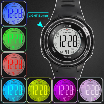 DTKID Digital Kids Watch 30 M Waterproof, 7 Color Lights Time Teaching Watch Easy to Read for Girls Boys 5-16