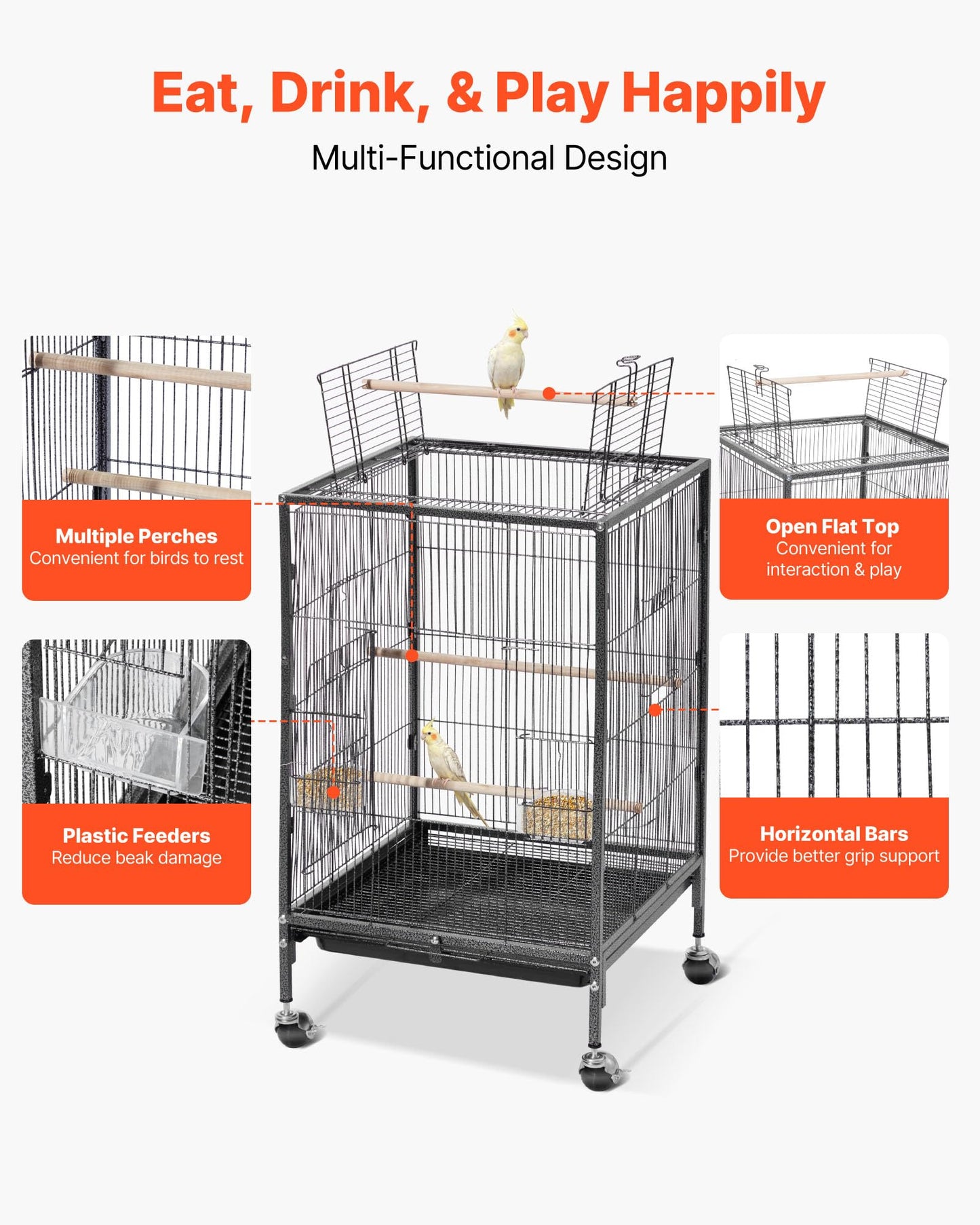 VEVOR Bird Cage, 24.6 x 16.7 x 53.9 inch, Flat Top, Wrought Iron Bird Flight Cage with Perches, Slide-Out Tray and Plastic Feeders, Casters, for Parrot, Blue Tit, Cockatiel, Canary, Budgerigar, Conure