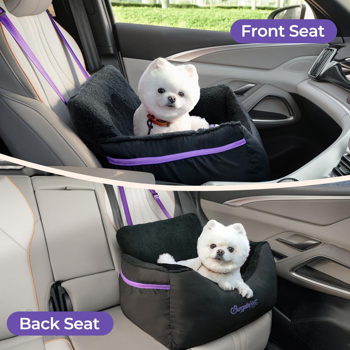 BurgeonNest Dog Car Seat for Small Dogs, Soft Pet Car Travel Home Bed Under 25 lbs, Fully Detachable and Washable Cat Booster Carseats with Storage Pockets and Clip-On Leash Portable Carrier,Black