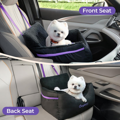 BurgeonNest Dog Car Seat for Small Dogs, Soft Pet Car Travel Home Bed Under 25 lbs, Fully Detachable and Washable Cat Booster Carseats with Storage Pockets and Clip-On Leash Portable Carrier,Black