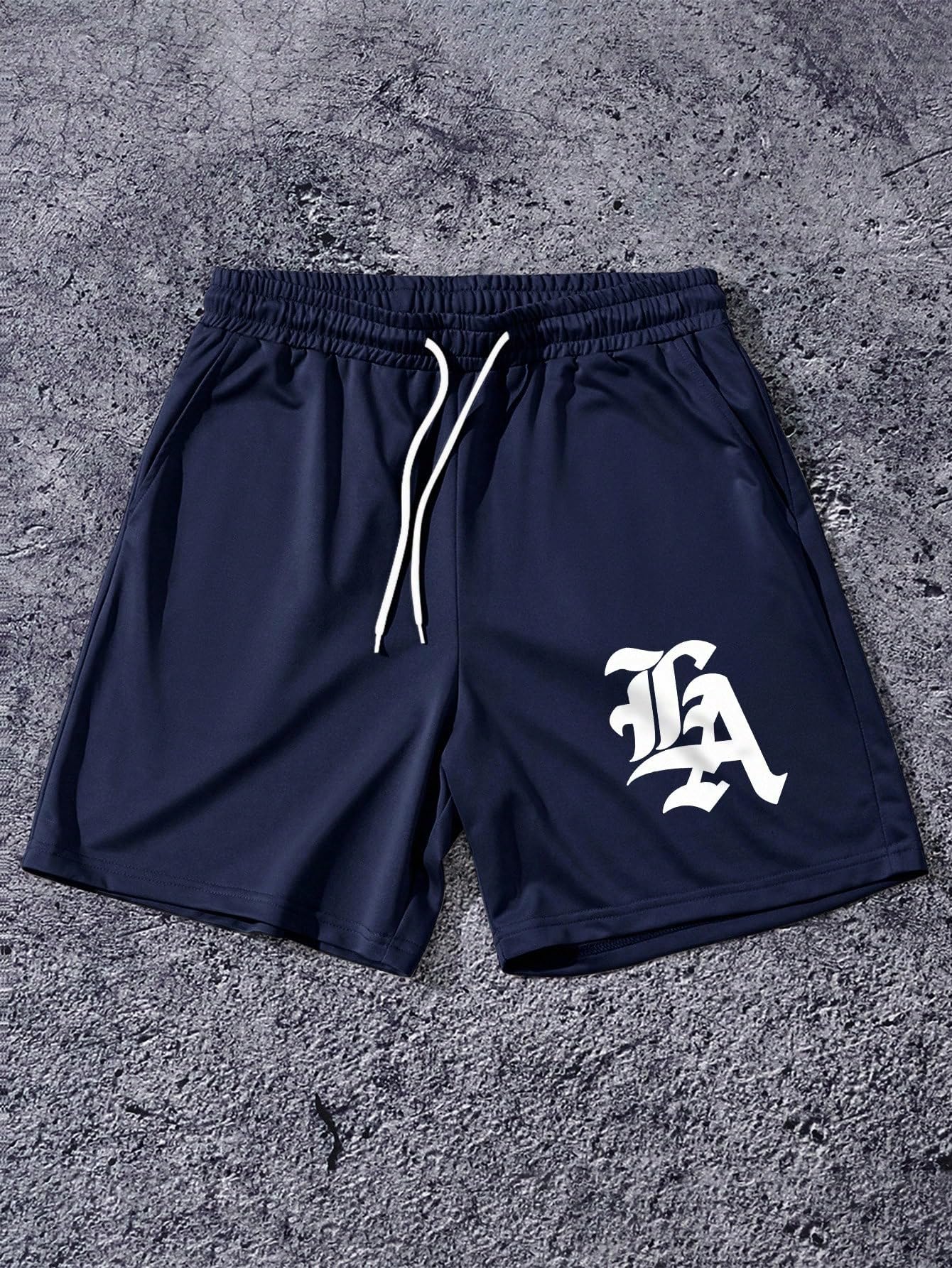 QJQ Men's Letter Graphic Drawstring Waist Shorts Summer Casual Workout Athletic Gym Track Shorts Streetwear