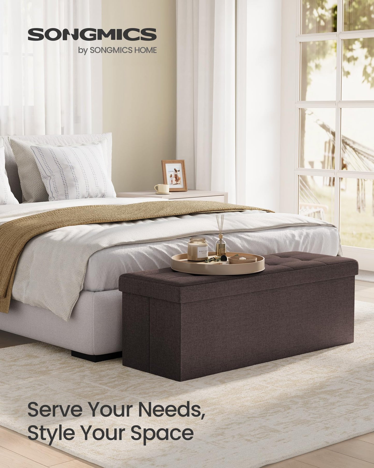 SONGMICS MAZIE Collection - 30 Inches Folding Storage Ottoman Bench, Ottoman Foot Rest, End of Bed Bench, Storage Chest, Load 660 lb, for Living Room, Bedroom, Entryway, Dark Gray ULSF47K