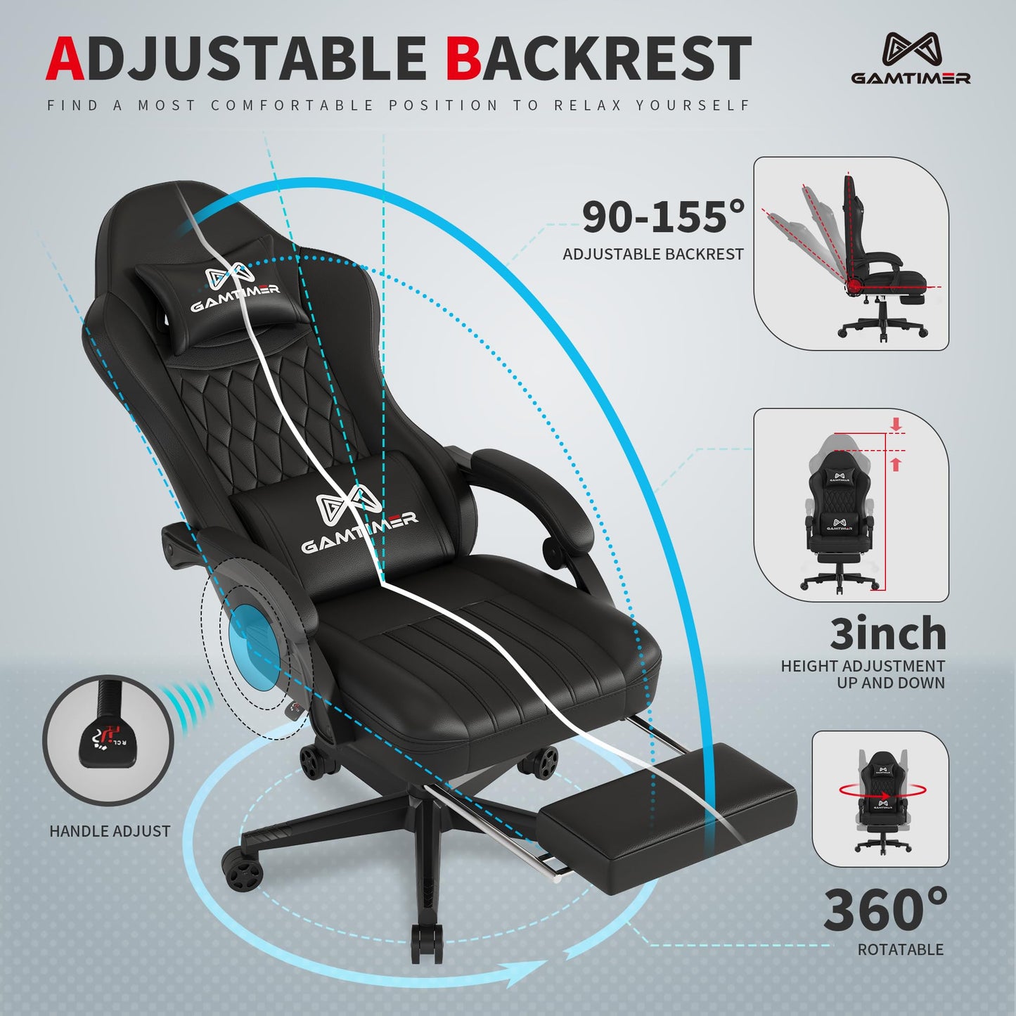 Gamtimer Gaming Chair with Footrest, Ergonomic Computer Chair, PU Breathable Material with Headrest and Lumbar Support, Suitable for Silla Gamer and Adults（Grey）