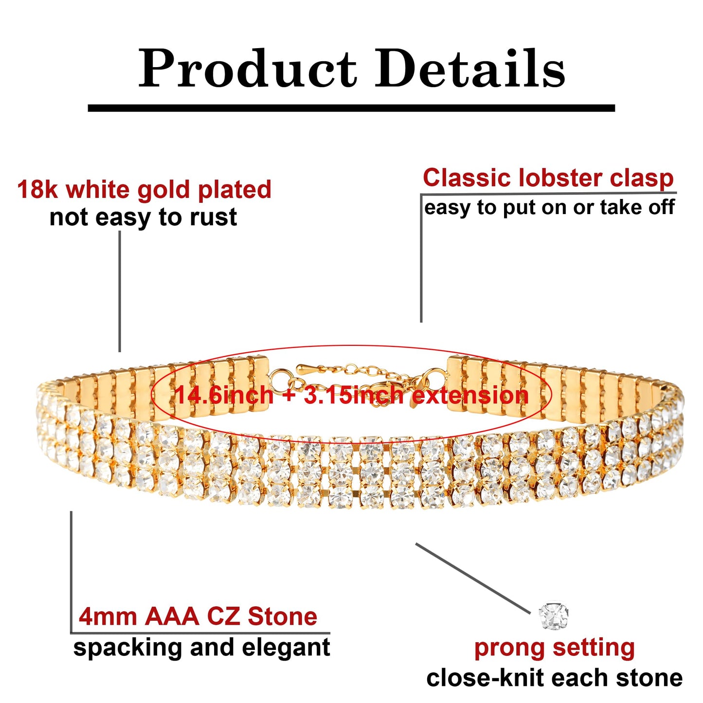 Zealmer 3 Row Rhinestone Choker Necklace for Women 18K Gold Plated