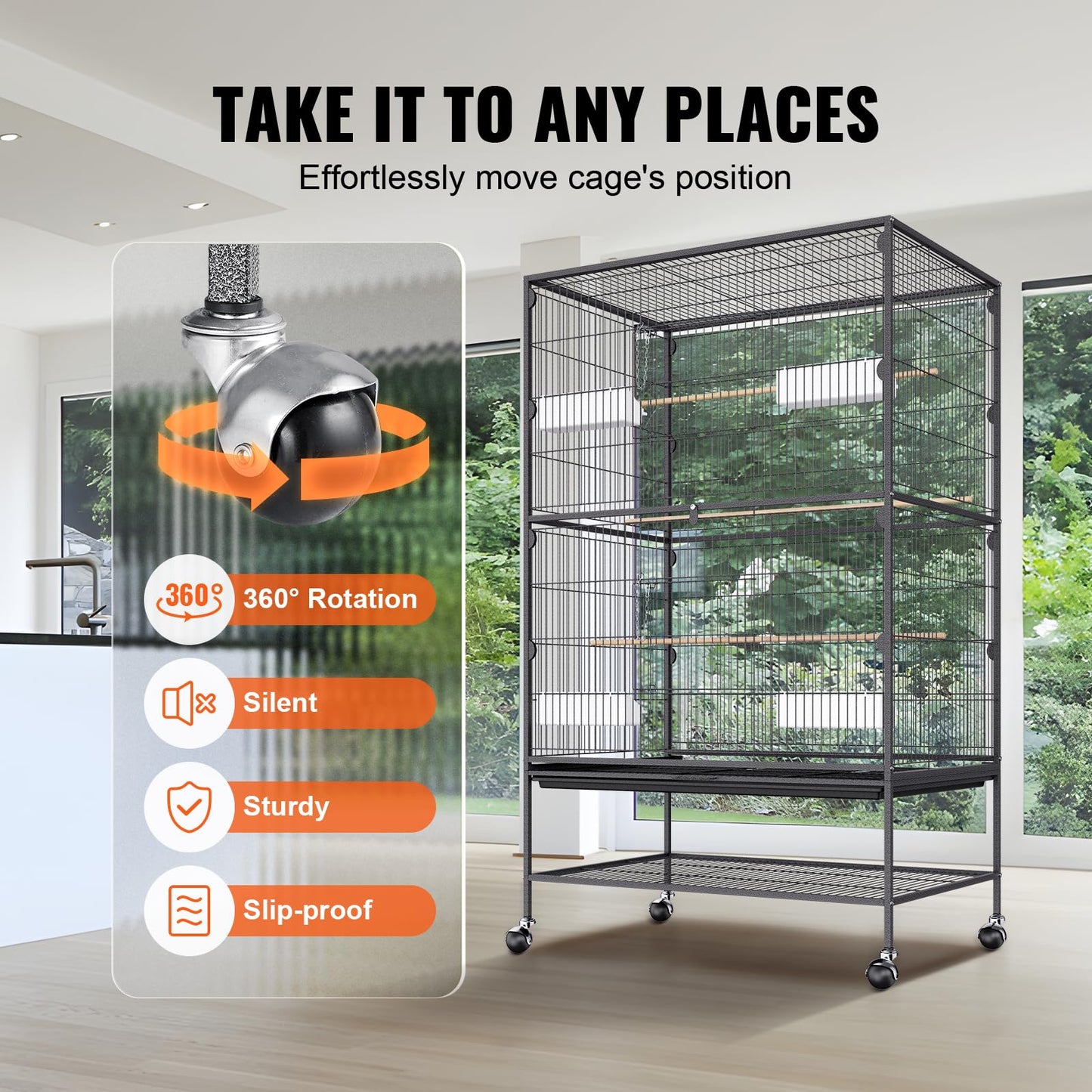 VEVOR Bird Cage, 24.6 x 16.7 x 53.9 inch, Flat Top, Wrought Iron Bird Flight Cage with Perches, Slide-Out Tray and Plastic Feeders, Casters, for Parrot, Blue Tit, Cockatiel, Canary, Budgerigar, Conure