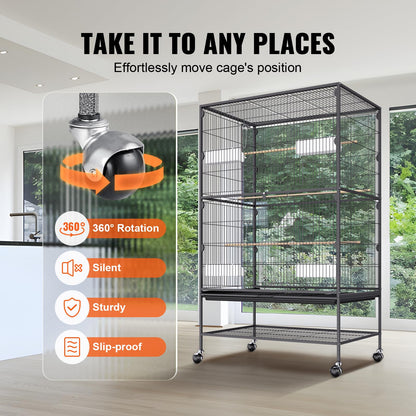 VEVOR Bird Cage, 24.6 x 16.7 x 53.9 inch, Flat Top, Wrought Iron Bird Flight Cage with Perches, Slide-Out Tray and Plastic Feeders, Casters, for Parrot, Blue Tit, Cockatiel, Canary, Budgerigar, Conure