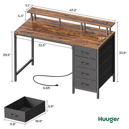 Huuger 47 Inch Computer Desk with Power Outlets and LED Lights, Gaming Desk with 4 Drawers, Office Desk with Monitor Stand, Study Work Home Office, Small Spaces, Black