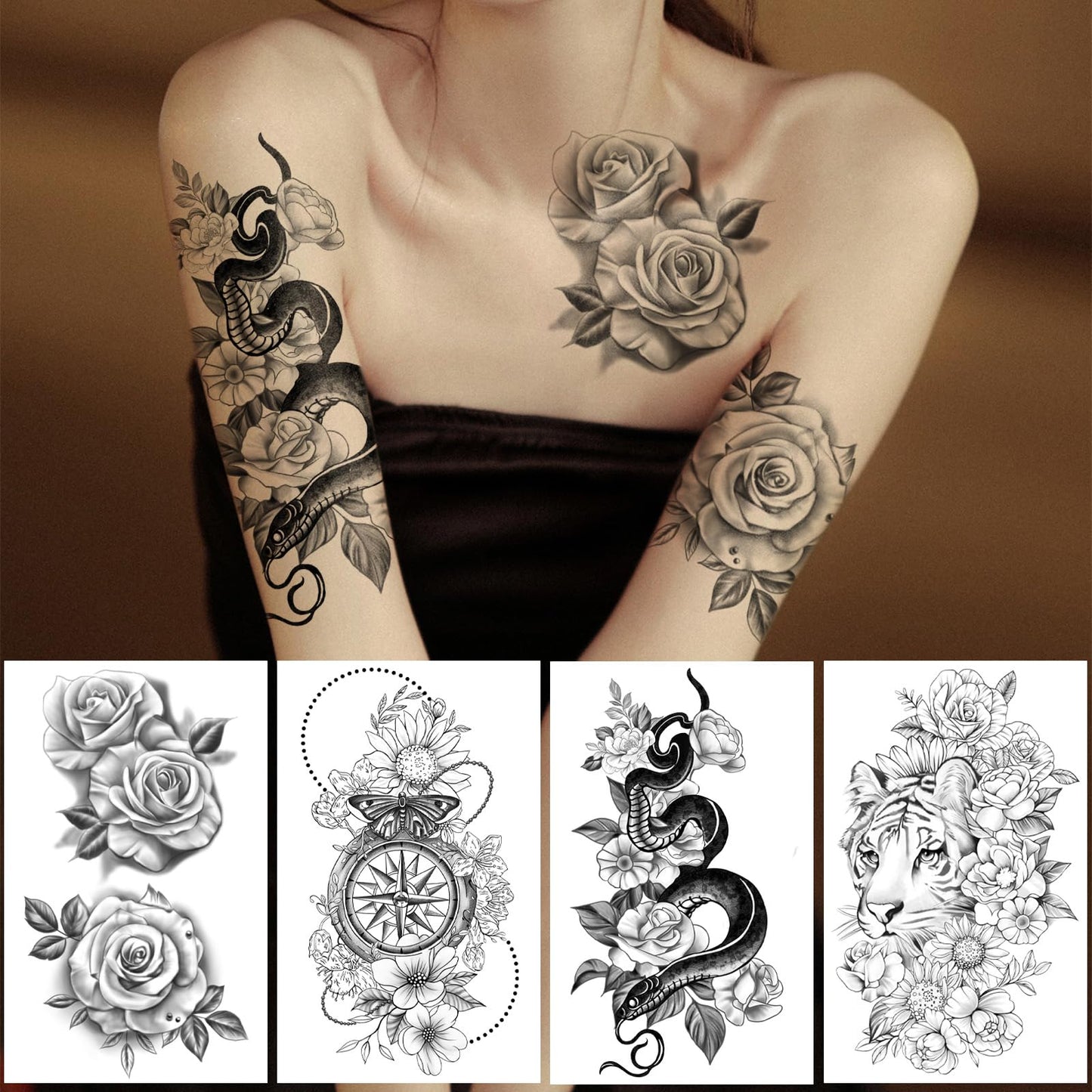 Yazhiji 36 Sheets Temporary Tattoos Stickers, 12 Sheets Fake Body Arm Chest Shoulder Tattoos for Men or Women with 24 PCS Tiny Black Tattoos