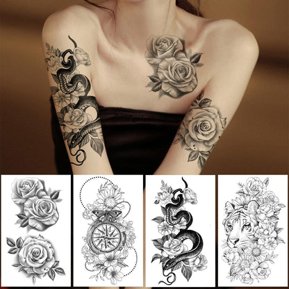 Yazhiji 36 Sheets Temporary Tattoos Stickers, 12 Sheets Fake Body Arm Chest Shoulder Tattoos for Men or Women with 24 PCS Tiny Black Tattoos