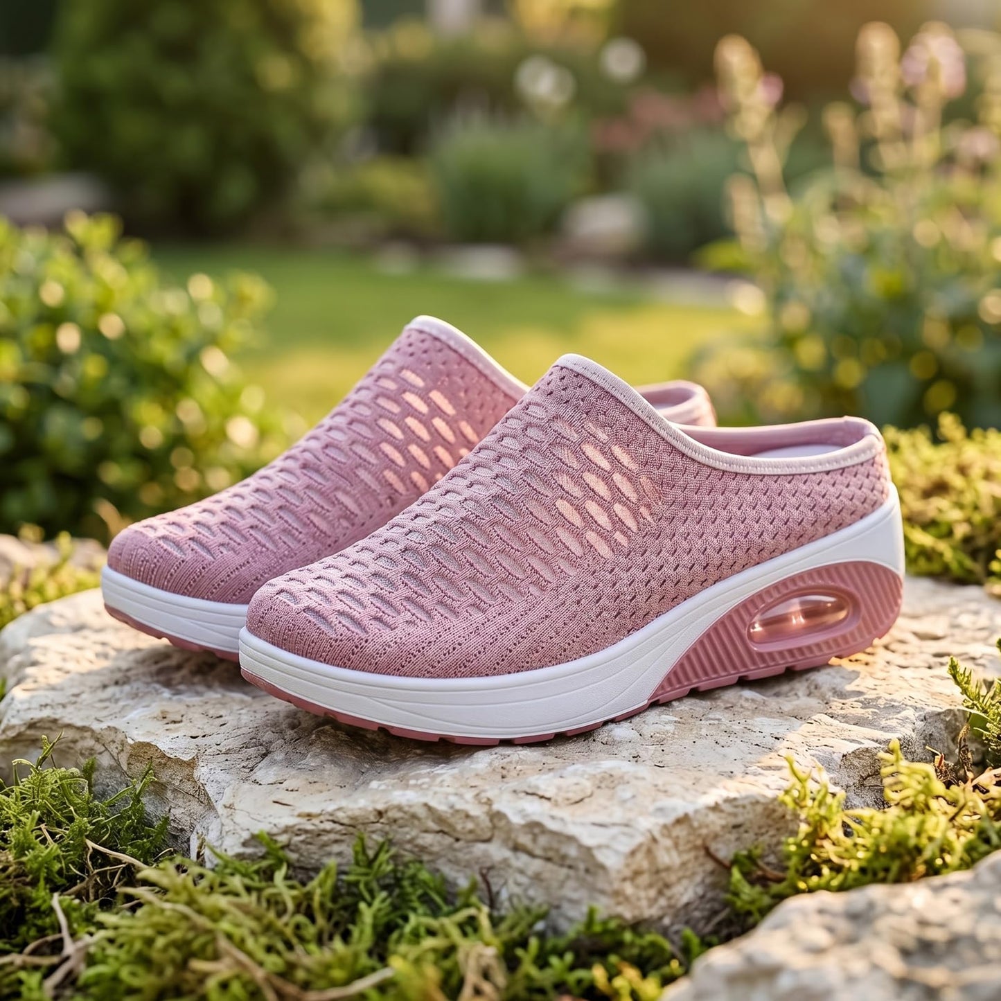 Women's Mesh Stretch Knitted Air Cushion Mule Clogs Fashion Comfortable Closed Round Toe Breathable Slip On Wedge Orthopedic Mules Sneaker for Summer Casual Beach Walking Slippers