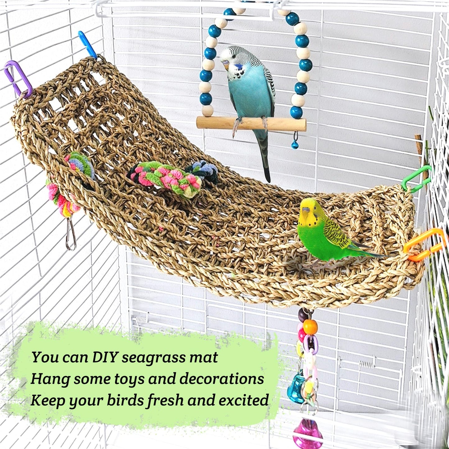 Bird Seagrass Mat 30 x 7 Inch Parrot Natural Seagrass Woven Net Hammock Parakeet Climbing Rope Ladder Mat Chew Toys Cage Accessories for Pigeon Macaw Cockatiel Conure Cockatoo Rat Bearded Dragon