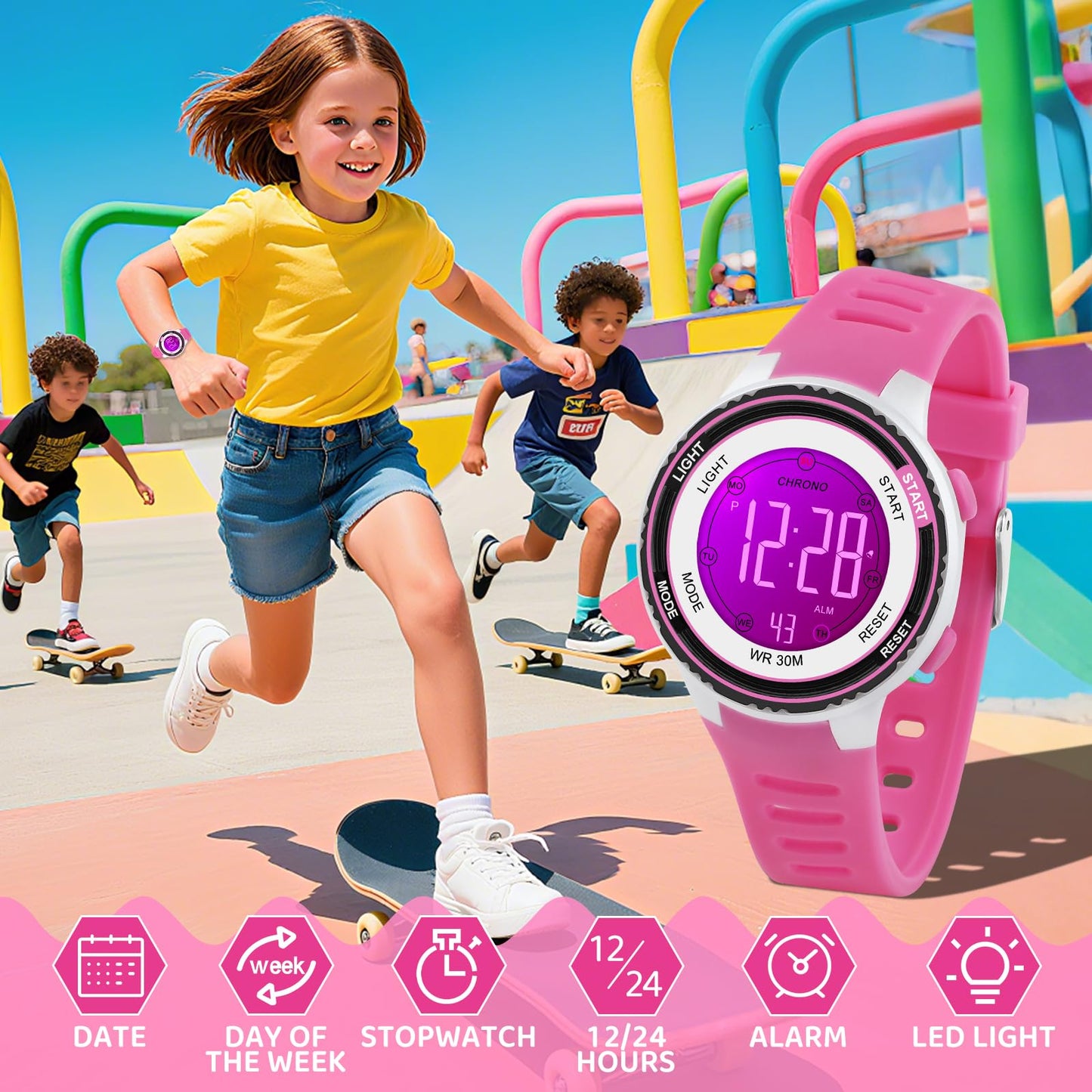 DTKID Digital Kids Watch 30 M Waterproof, 7 Color Lights Time Teaching Watch Easy to Read for Girls Boys 5-16