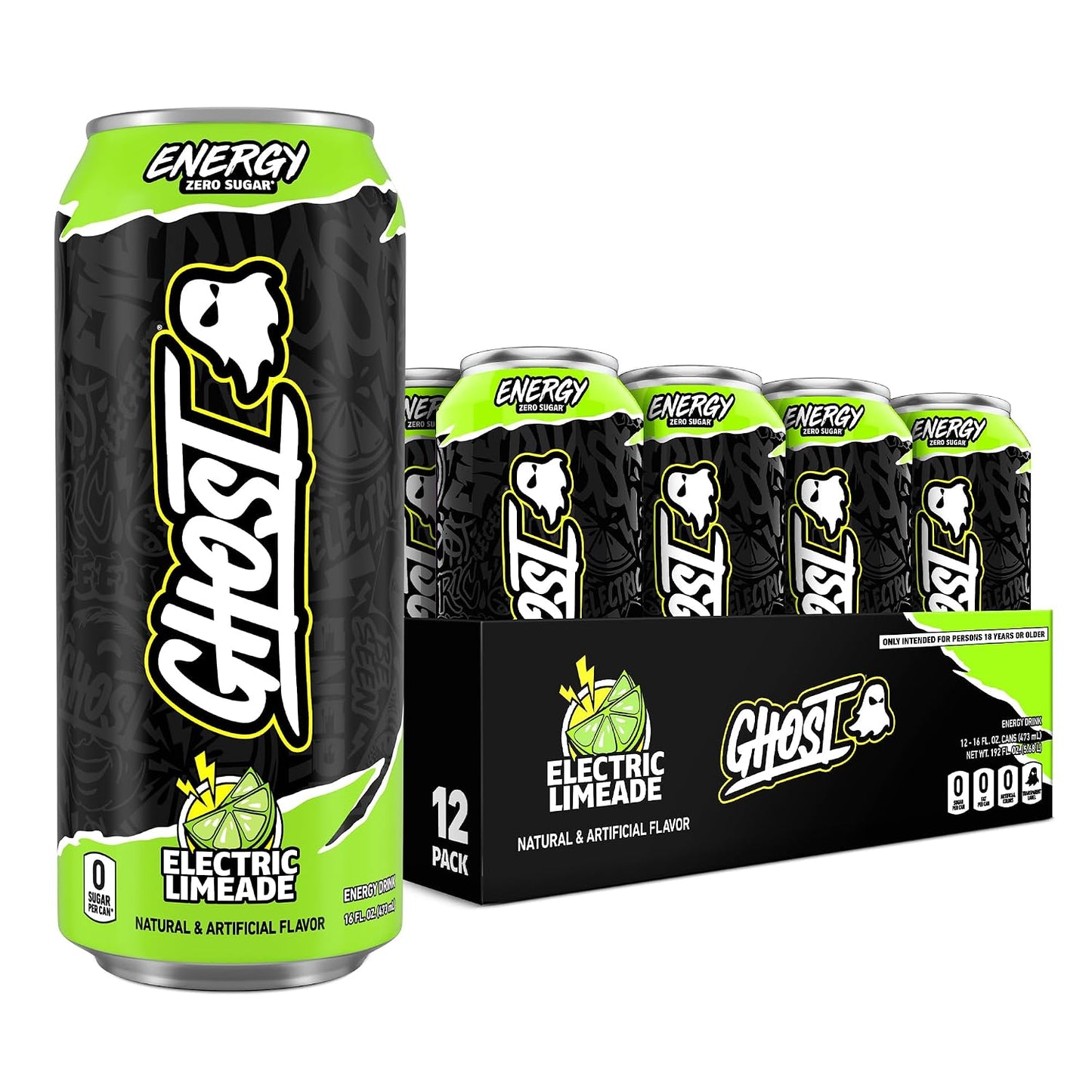 GHOST Energy Drink, Zero Sugars, 12-Pack, Cherry Limeade, 16oz | Energy & Focus Pre Workout Drink, No Artificial Colors, Gluten-Free, Vegan - 200MG Natural Caffeine, L-Carnitine, Taurine