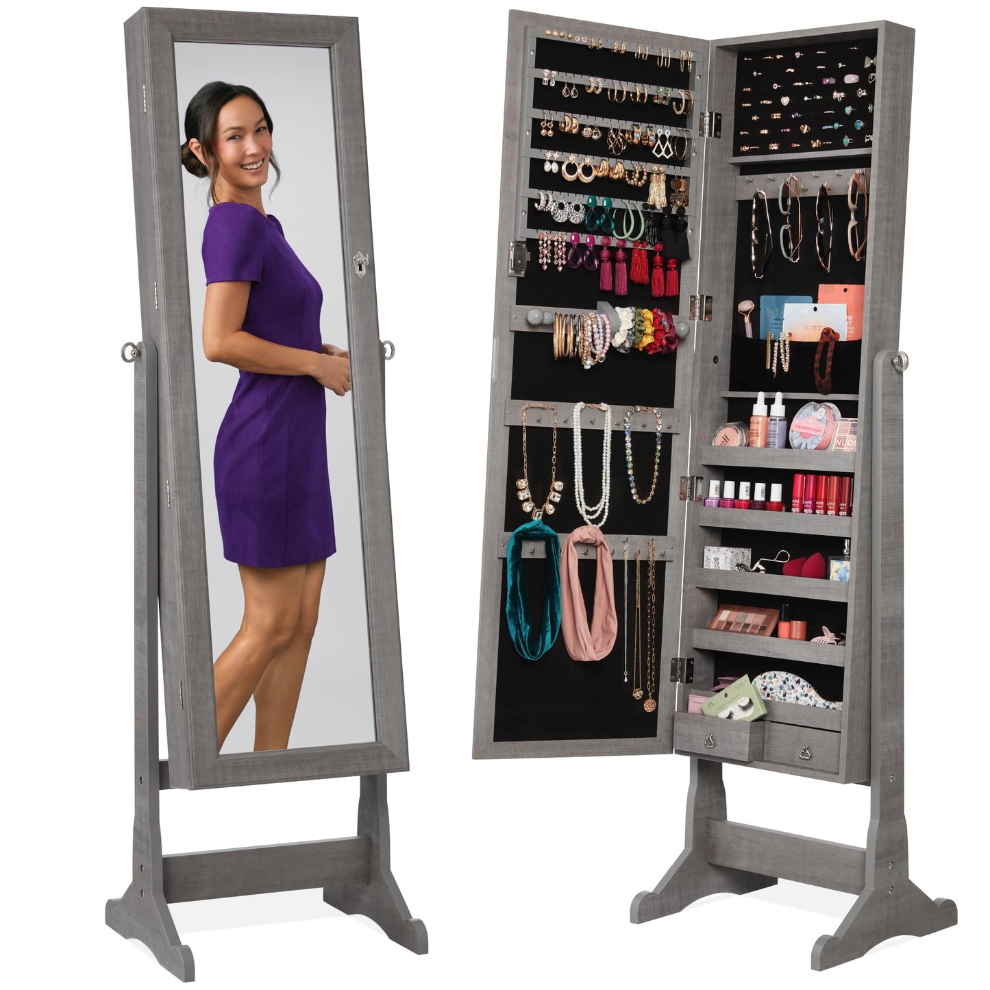 Best Choice Products Freestanding Jewelry Armoire Cabinet, Full Length Standing Mirror, Lockable Makeup Storage Organizer, w/Velvet Lining, 3 Angles, Lock, Accessory Pouch, 5 Shelves - White