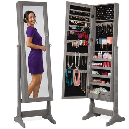 Best Choice Products Freestanding Jewelry Armoire Cabinet, Full Length Standing Mirror, Lockable Makeup Storage Organizer, w/Velvet Lining, 3 Angles, Lock, Accessory Pouch, 5 Shelves - White