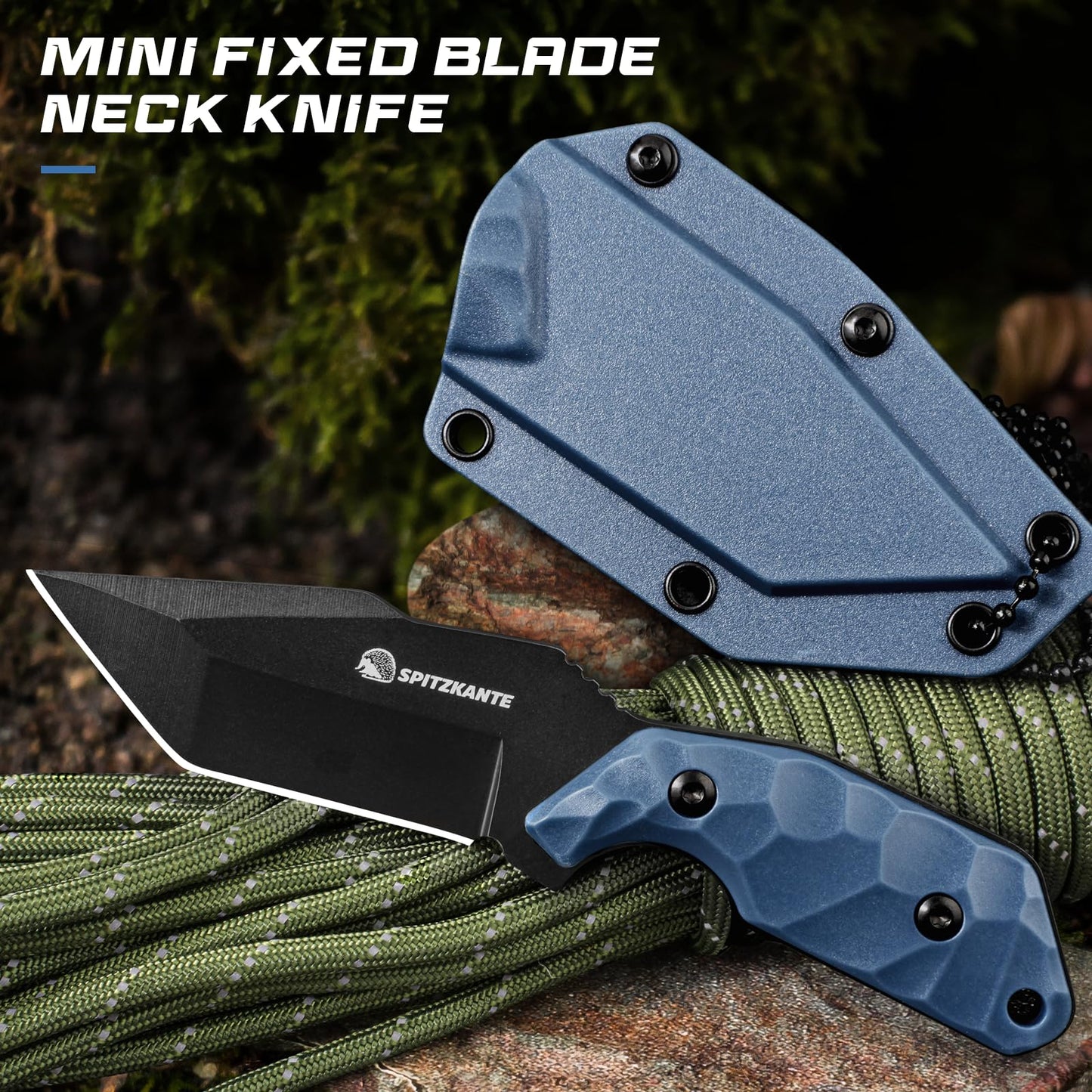 Neck Knife with Sheath and Necklace X-TAN-K, Horizontal Carry Knife with Full Tang Tanto 5Cr14MoV Steel Blade, Khaki ABS Handle, EDC, Outdoor, Camping & Hiking