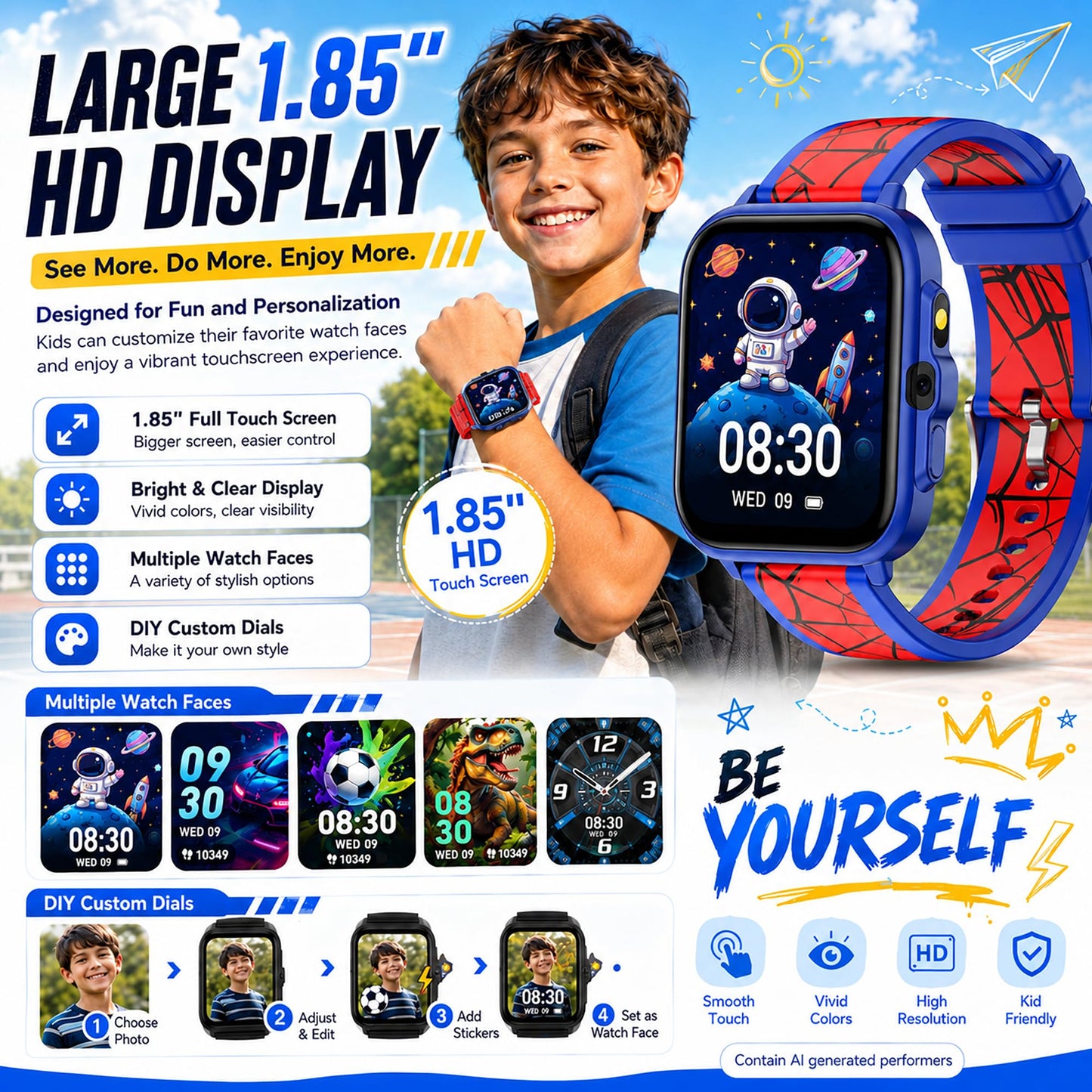 Smart Watch for Kids Boys Age 5-12, Ai Functions Games HD Touch Screen Watches with Video Camera Music Player Pedometer Heart Rate Sleep Tracker Christmas Birthday Gifts for Boys (Camouflage, 1.85")