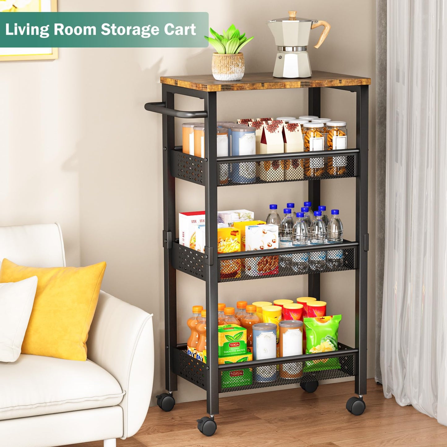 Vivihomety Utility Slim Storage Cart with Wheels, 4 Tier Small Rolling Cart with Wood Top, Metal Kitchen Bathroom Laundry Room Organization Trolley with Handle for Narrow Space – Black