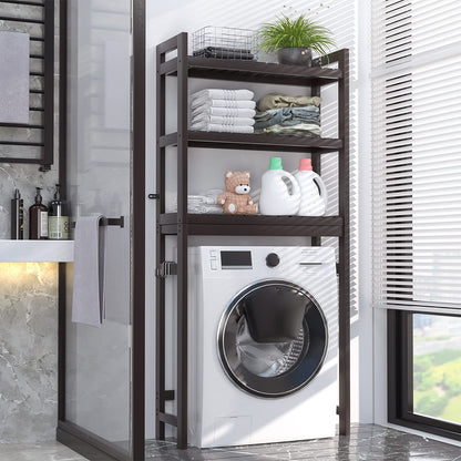 Homykic Over The Toilet Storage, Bamboo Over Toilet Bathroom Organizer Rack, Freestanding Bathroom Shelves Above Toilet Storage with 3 Hooks, Bathroom Space Saver, No Rust, Easy to Assemble, White