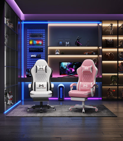 Gamtimer Gaming Chair with Footrest, Ergonomic Computer Chair, PU Breathable Material with Headrest and Lumbar Support, Suitable for Silla Gamer and Adults（Grey）