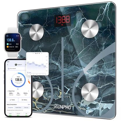 RENPHO Smart Scale for Body Weight, Tempered Glass Bathroom Digital Scale with BMI, Body Fat, Bluetooth Fitness Equipment Sync with Apps Accurate for Weight Loss, Home Use, 400 lbs – Elis 1