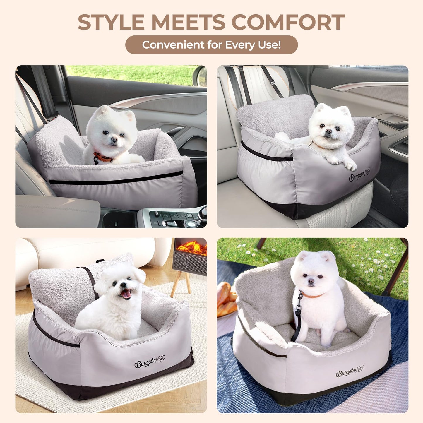 BurgeonNest Dog Car Seat for Small Dogs, Soft Pet Car Travel Home Bed Under 25 lbs, Fully Detachable and Washable Cat Booster Carseats with Storage Pockets and Clip-On Leash Portable Carrier,Black