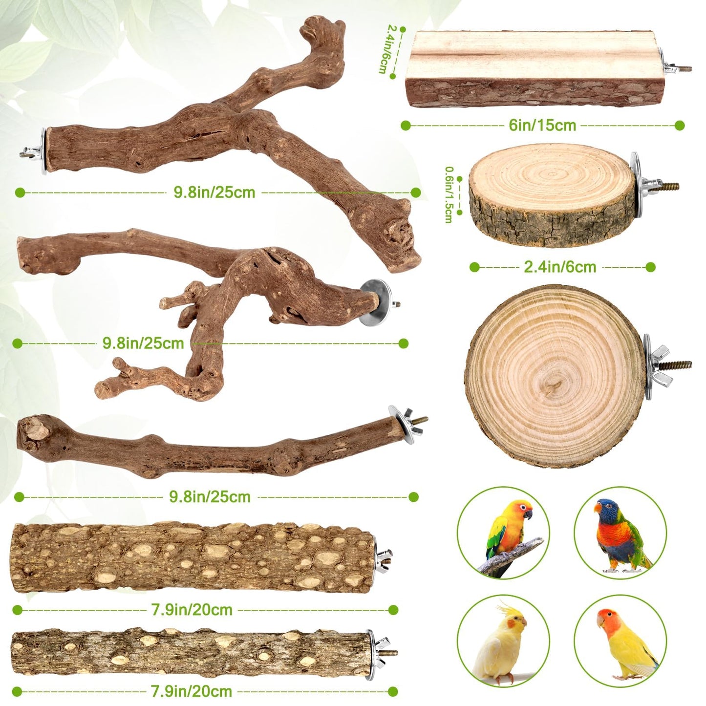 8 PCS Bird Perch Set for Cage - Natural Apple Wood Platforms & Hardwood Branches for Parakeets, Budgies, Cockatiels - Small Bird Habitat Gym, Climbing Stand & Safe Chew Toys
