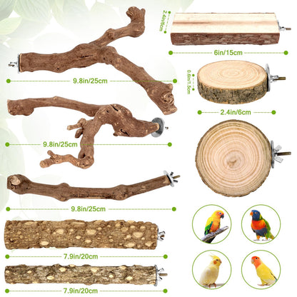 8 PCS Bird Perch Set for Cage - Natural Apple Wood Platforms & Hardwood Branches for Parakeets, Budgies, Cockatiels - Small Bird Habitat Gym, Climbing Stand & Safe Chew Toys