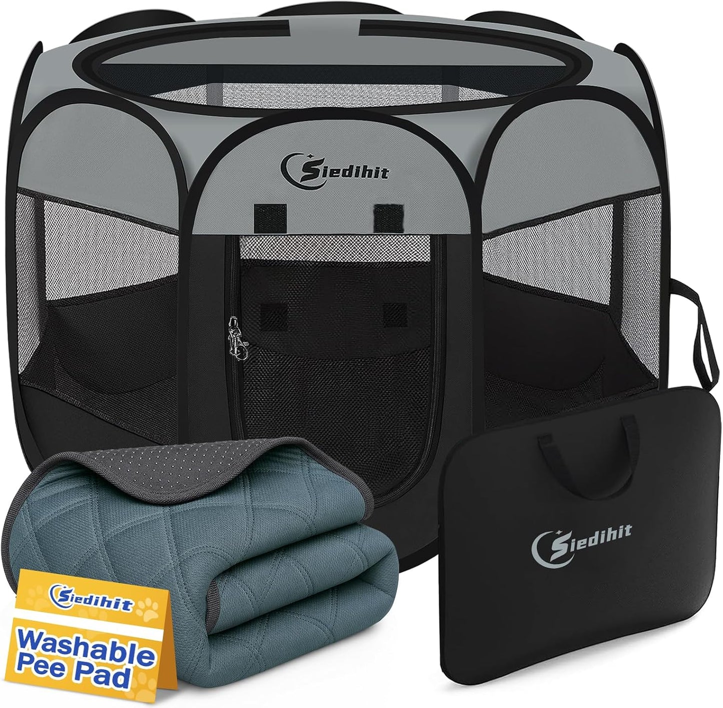 Siedihit Dog Cat Playpen, Puppy Pet Playpen Indoor for Small Dog Crate Tent Cage Outdoor, Portable Pop Up Dogs Enclosure Kennel with Carrying Case for Dogs/Cats/Rabbits(Grey, Small