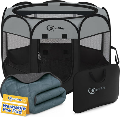 Siedihit Dog Cat Playpen, Puppy Pet Playpen Indoor for Small Dog Crate Tent Cage Outdoor, Portable Pop Up Dogs Enclosure Kennel with Carrying Case for Dogs/Cats/Rabbits(Grey, Small
