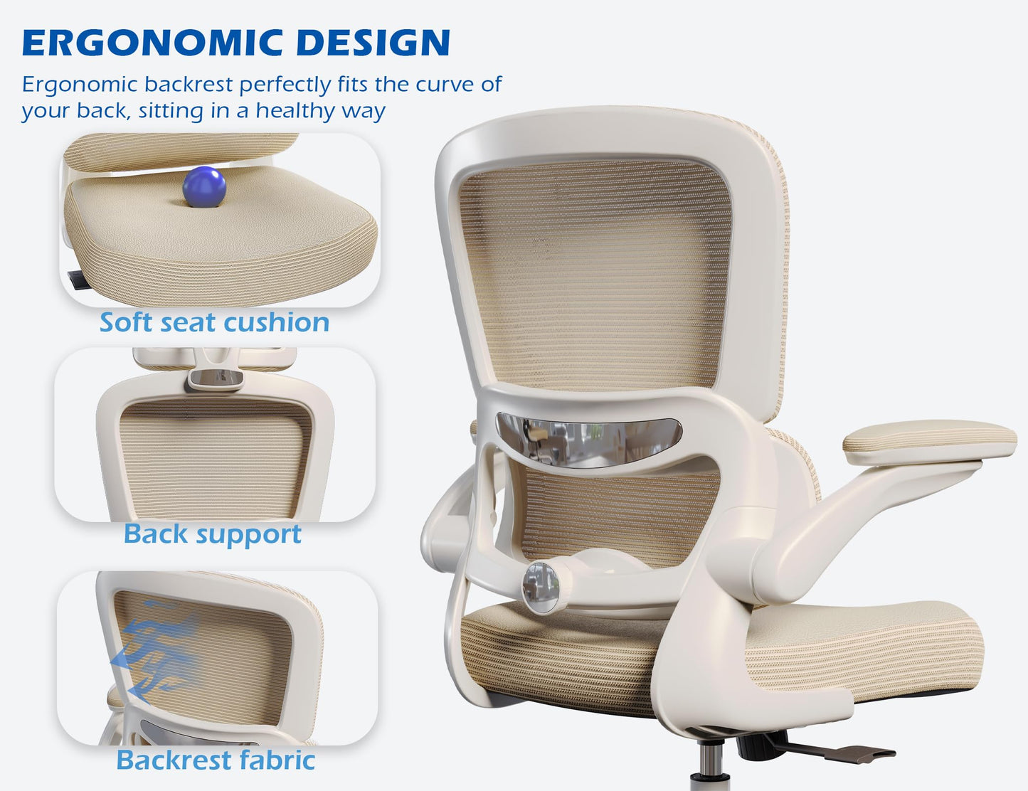 TRALT Ergonomic Office Chair - Desk Chair with Adjustable Lumbar Support Computer Chair - Mesh Comfy Chair with Flip-up Armrests - Gaming Chairs for Adults Home Office (Leather, White)
