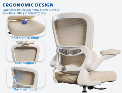 TRALT Ergonomic Office Chair - Desk Chair with Adjustable Lumbar Support Computer Chair - Mesh Comfy Chair with Flip-up Armrests - Gaming Chairs for Adults Home Office (Leather, White)