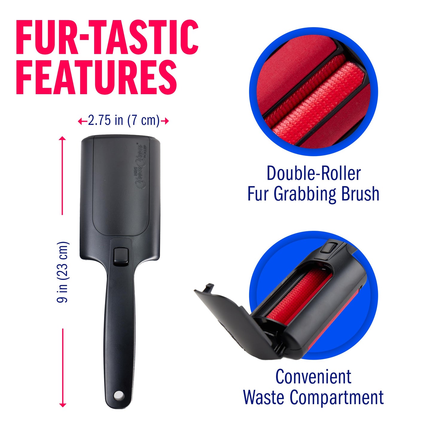 ChomChom Roller Pet Hair Remover – Original Size Reusable Lint Roller for Cat & Dog Hair on Furniture, Couch, Carpet, Car, Rugs & Bedding – Portable, Eco-Friendly (Black)