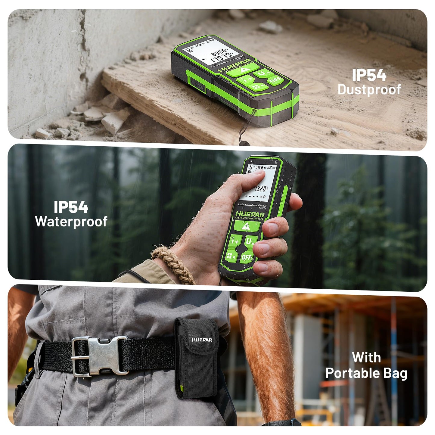 Huepar 395FT Bluetooth Green Laser Measuring Tool S120-G-BT | 1/16in Accuracy, APP Control, Angle Sensor, Carry Bag, Laser Distance Measurement Tool, Digital Laser Room Measuring Device
