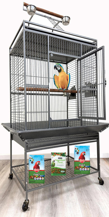 Large Elegant and Durable Wrought Iron Play Ground Perch Stand Top Climbing Ladder Bird Parrot Rolling Metal Cage with Around Seed Guard Storage Shelf On Heavy Duty Lockable Rolling Wheels