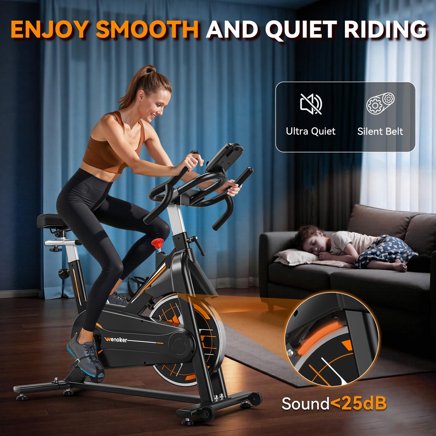 Wenoker Exercise Bike,Indoor Spin Bike with Adjustable Resistance Bluetooth Fitness App, 350 LBS Heavy Duty Frame,Smooth Quiet Belt Drive, Adjustable Handlebars & Seat with Transport Wheels