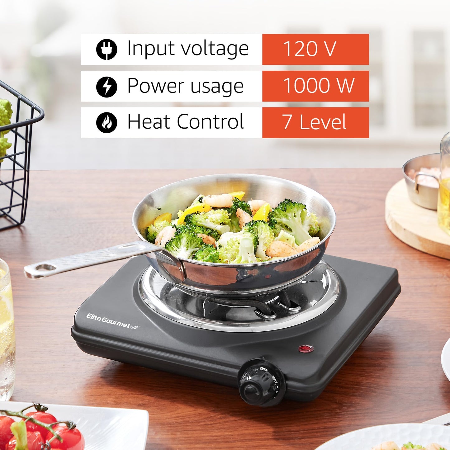 Elite Gourmet EDB-302BF# Countertop Double Cast Iron Burner, 1500 Watts Electric Hot Plate, Temperature Controls, Power Indicator Lights, Easy to Clean, Black