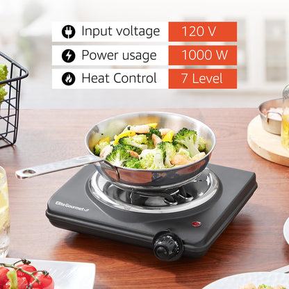 Elite Gourmet EDB-302BF# Countertop Double Cast Iron Burner, 1500 Watts Electric Hot Plate, Temperature Controls, Power Indicator Lights, Easy to Clean, Black