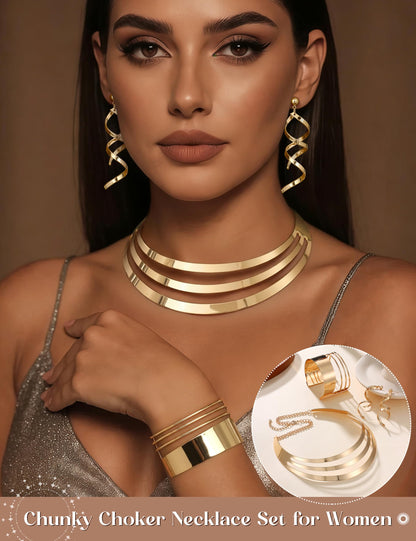 JOERICA Bib Choker Necklace Set for Women Wide Cuff Bangle Bracelets Long Statement Dangle Earrings African Costume Jewelry Set