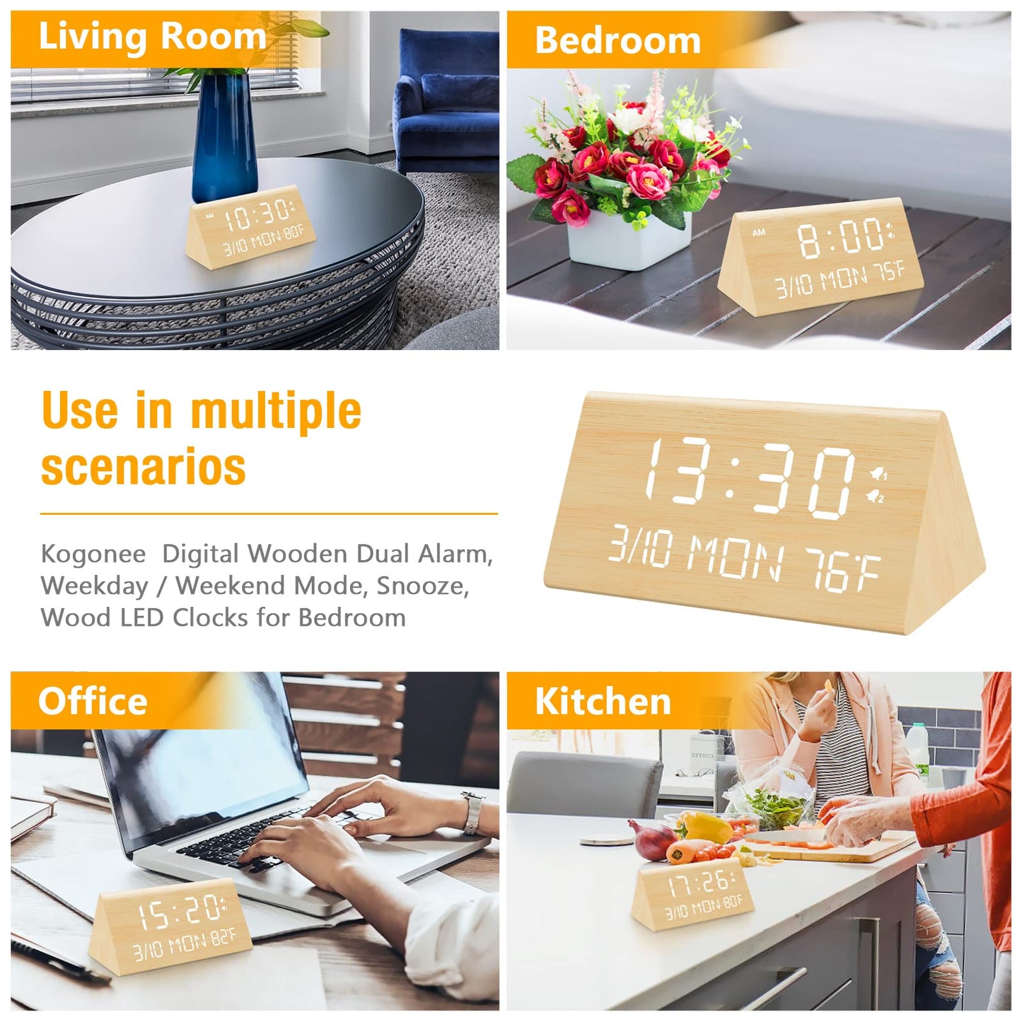 Kogonee Wooden Digital Alarm Clock, 0-100% Dimmer, 2 Alarm Settings, Weekday/Everyday Mode, 9 Mins Snooze, 12/24H, Temperature and Date Display for Office, Travel, Bedroom Alarm Clock (Brown)