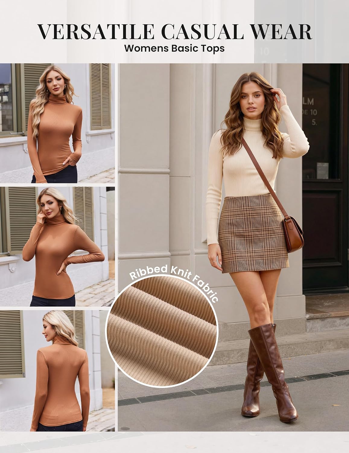 Ekouaer Womens Turtleneck Long Sleeve Shirts Ribbed Casual Basic Tops Fitted Underwear Thermal Undershirts Winter Clothes
