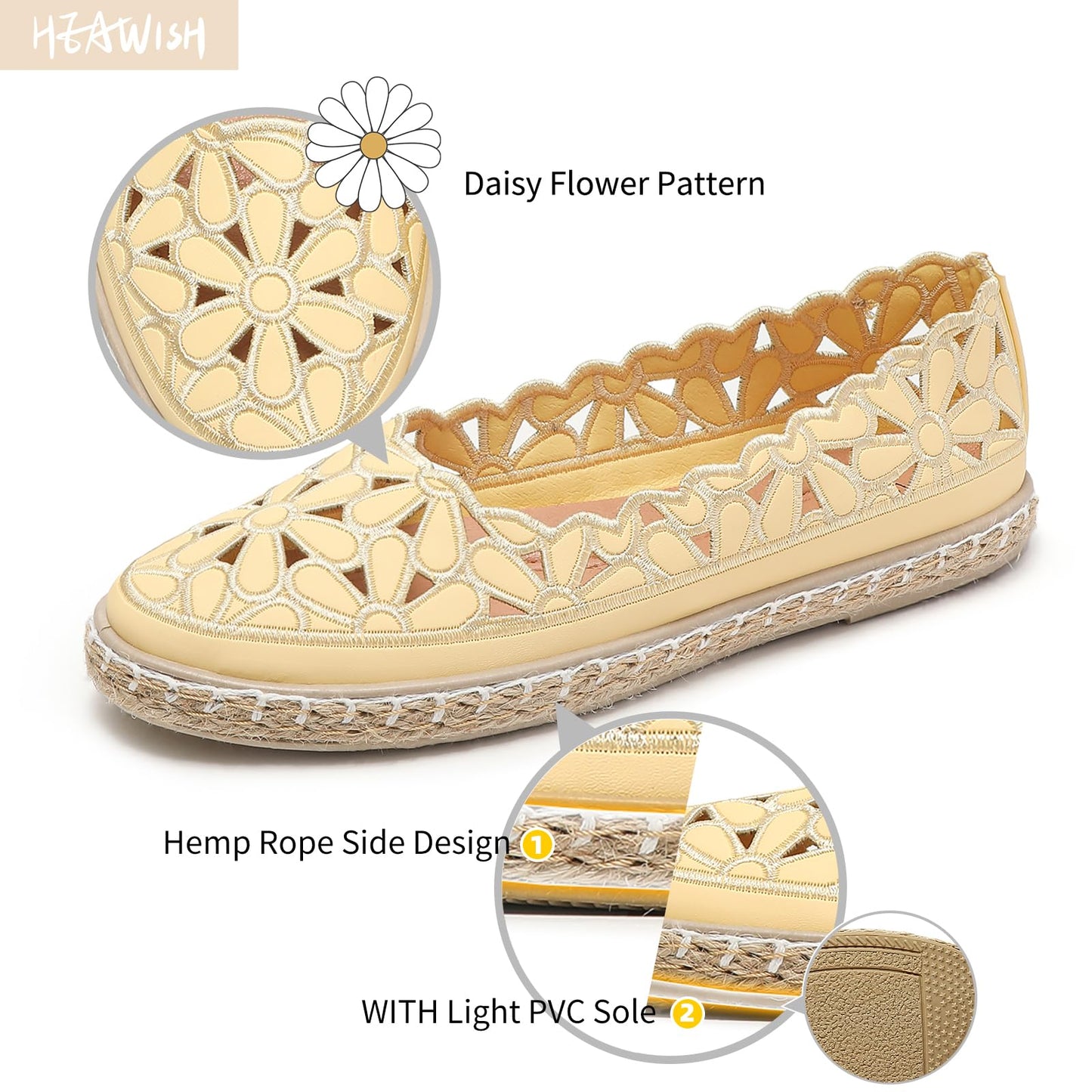 HEAWISH Women’s Ballet Flat Daisy Round Toe Dress Shoes Casual Slip On Rope Loafer