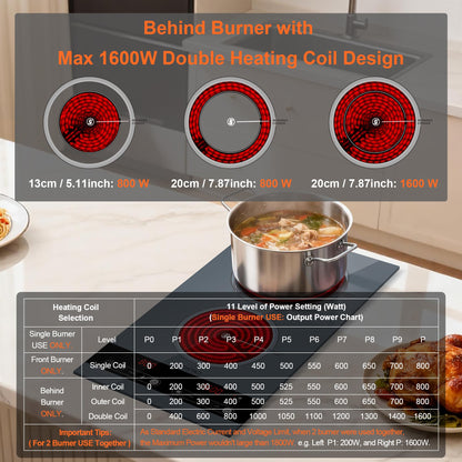Dual Coil Design of 2 Burner Electric Cooktop, 1800W Ceramic Hot Plate for Cooking, Infrared Double Burner Portable Countertop or 24inch Built-in Radiant Stove Top Cooker, Compatible with All Cookware