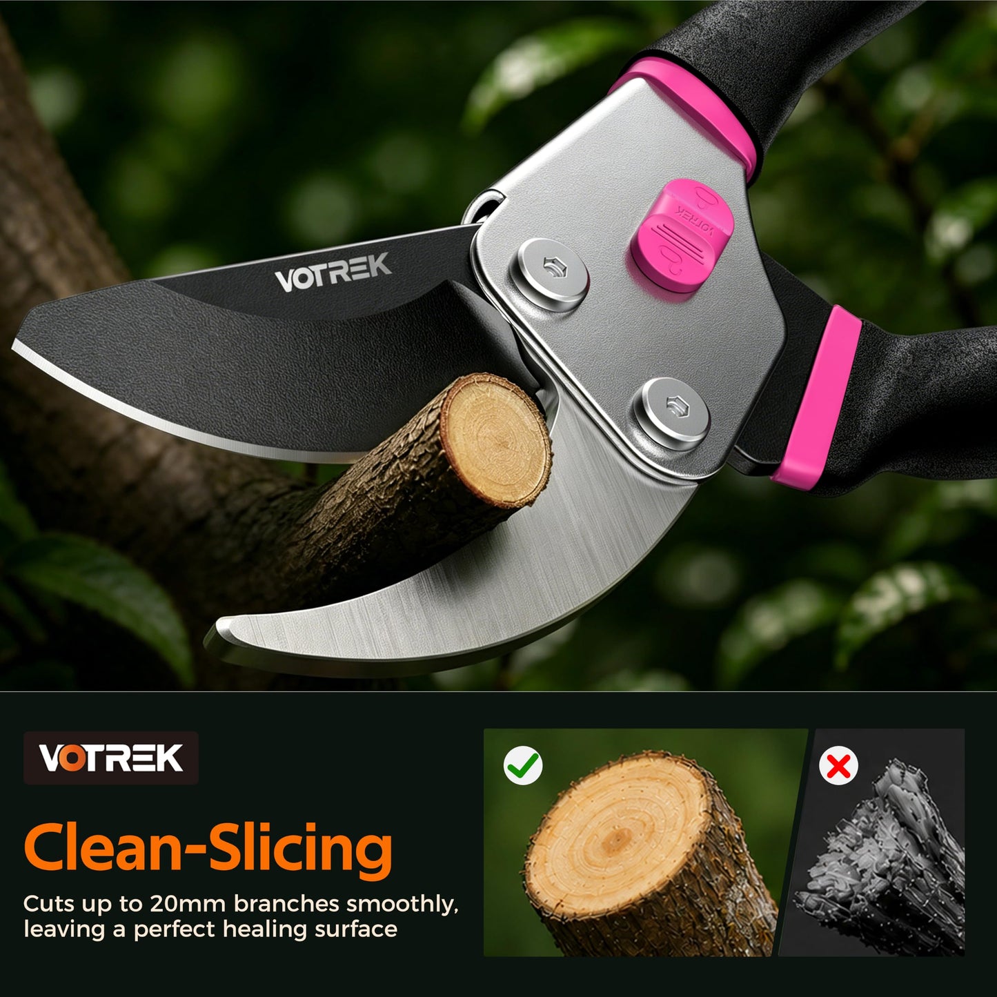 VOTREK® Pruning Shears, 8.5” Professional Garden Pruner with Jam-Proof Spring & Ever-Sharp SK5 Blade, Ergonomic Bypass Clippers for Rose, Tree Trimming, Heavy Duty Bonsai Scissor for Weak Hand