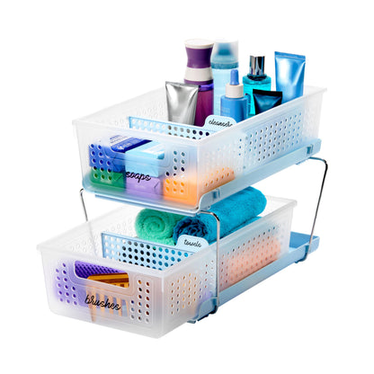 madesmart 2 Tier Bath Organizer, Undersink Storage with Sliding Drawers, for Cleaning Supplies, Pantry, Sponges, Bottles & Kitchen Essentials, Adjustable Dividers & Pull Out Sliding Baskets, Frost